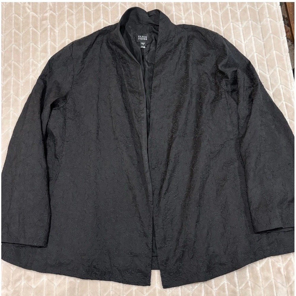 Eileen Fisher Black 100% Silk Embroidered Open Front Jacket Shawl Collar Small - Picture 9 of 12